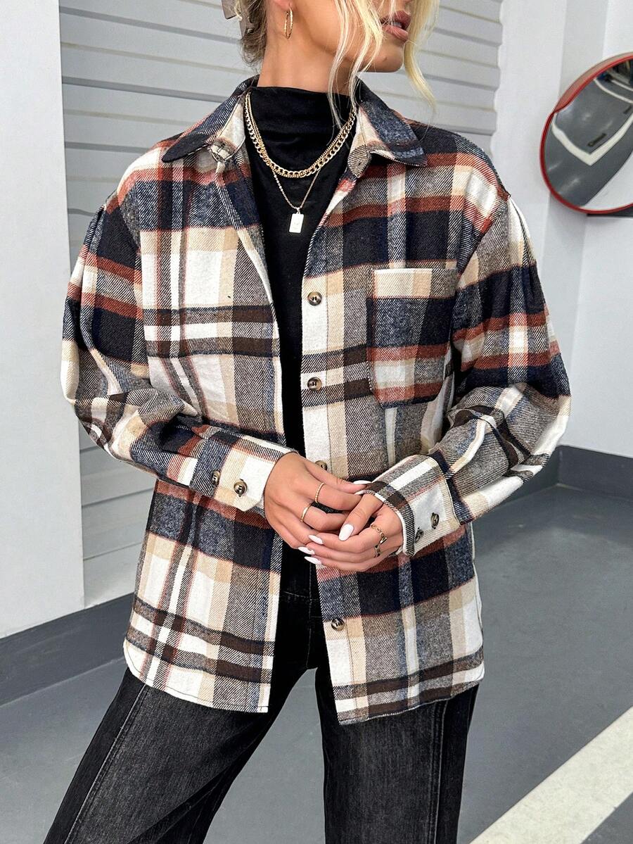 SHEIN Essnce 格紋印花落肩袖襯衫 - 彩色 - 查看 1