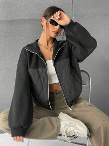 SHEIN EZwear Two Tone Drop Shoulder Zip Up Quilted Coat - Black - View 4