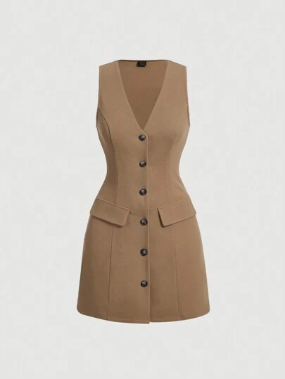 SHEIN MOD 前紐扣翻蓋細節無袖洋裝