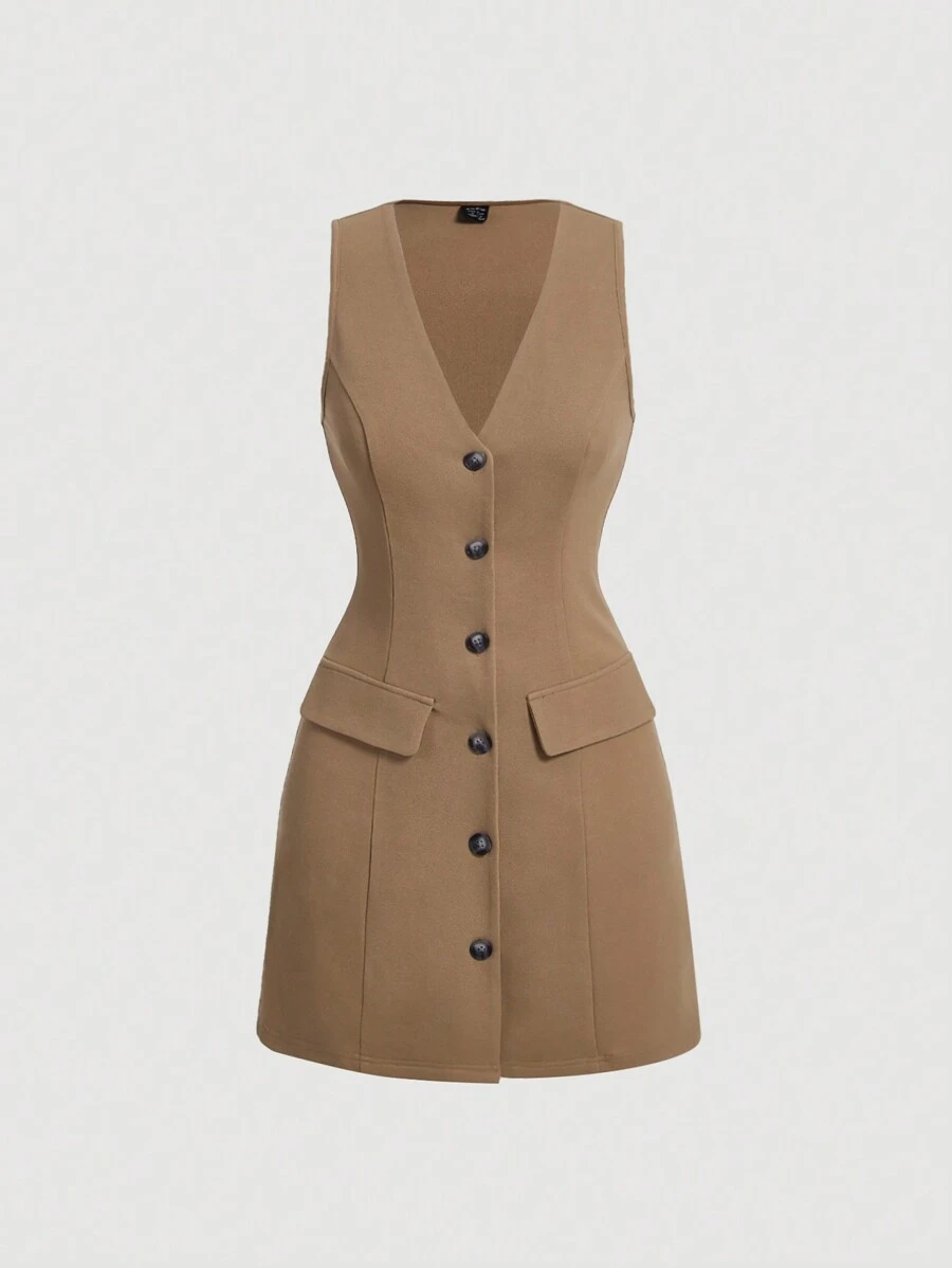 SHEIN MOD 前紐扣翻蓋細節無袖洋裝 - 卡其色 - 查看 1