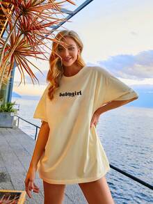 SHEIN Unity Áo thun tay ngắn hở vai họa tiết bướm cho bé gái - Màu be - Xem 2