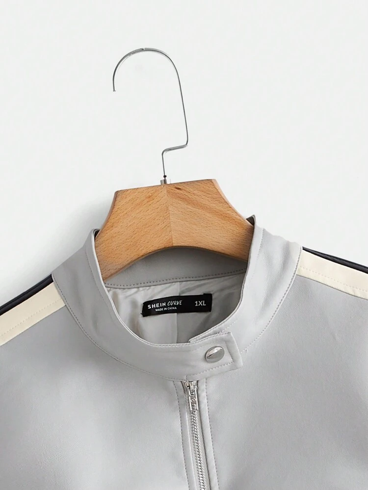 Plus Contrast Tape Zip Up PU Leather Jacket