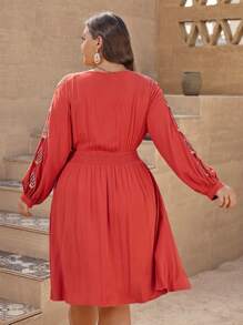 SHEIN VCAY Plus Embroidery Detail Lantern Sleeve A Line Dress - Brown - View 2