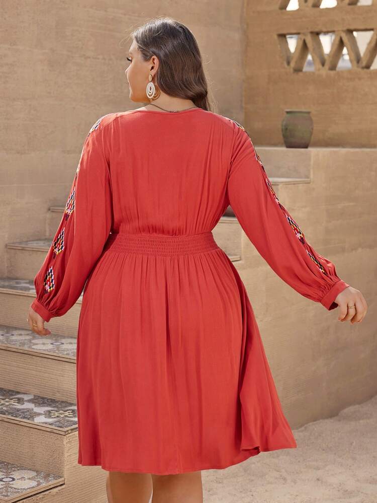 Plus Embroidery Detail Lantern Sleeve A Line Dress