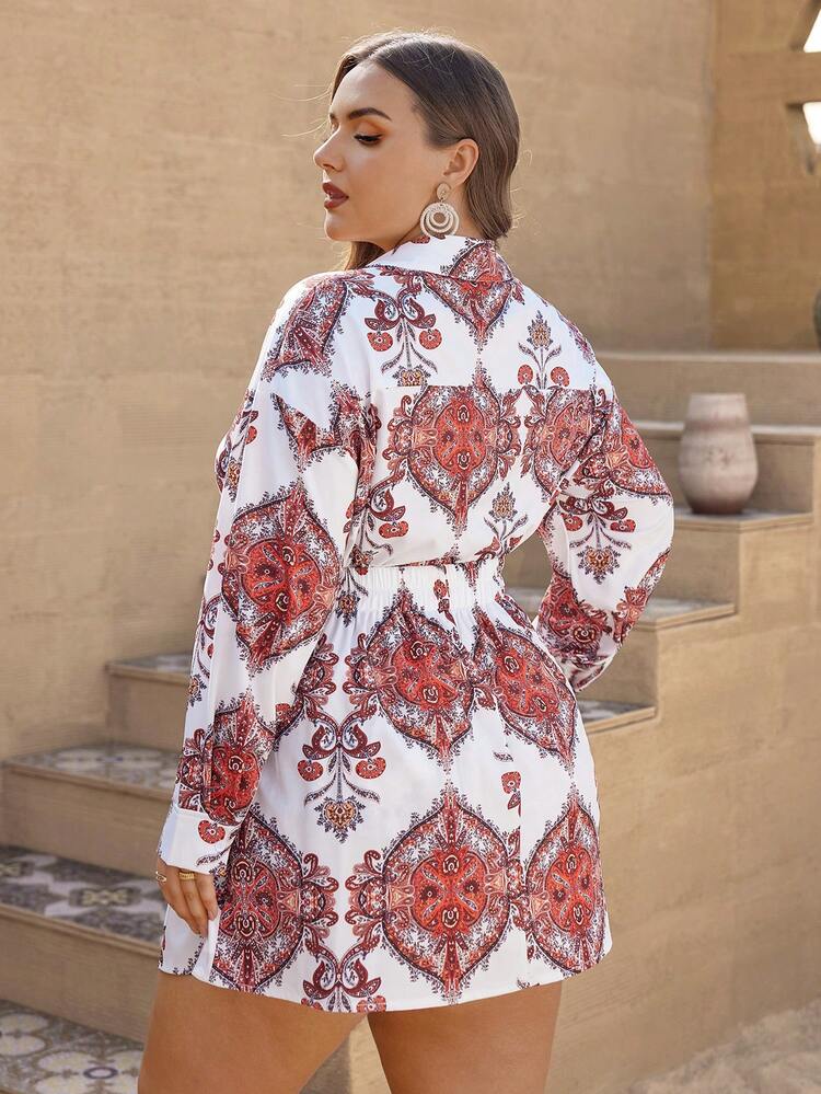 Plus Plants Print Drop Shoulder Shirt & Wrap Knot Side Skirt