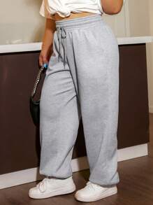 SHEIN EZwear Hơn Chất rắn Eo dây rút Quần thể thao - Xám - Xem 3
