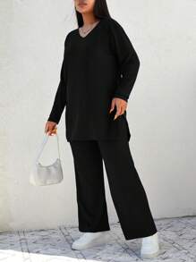 EURMUSE Plus Solid Split Hem Tee & Wide Leg Pants - Black - View 4