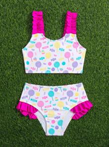 Young Girl Cartoon Candy Printed Ruffled Bikini Set Summer Beach - Pink - View 5