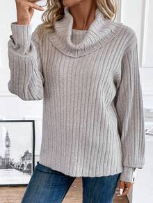 SHEIN LUNE Cổ bò Chi tiết Nút Đồ đan Ribbed Áo len - Lạc đà - Xem 4