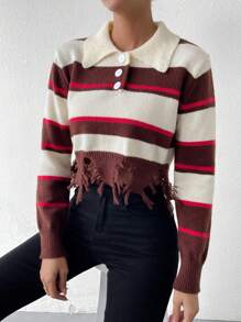 Chiquease Áo len cổ lọ họa tiết sọc, viền rách, chất liệu dệt kim, thích hợp cho mùa thu đông. - Nhiều màu - Xem 6