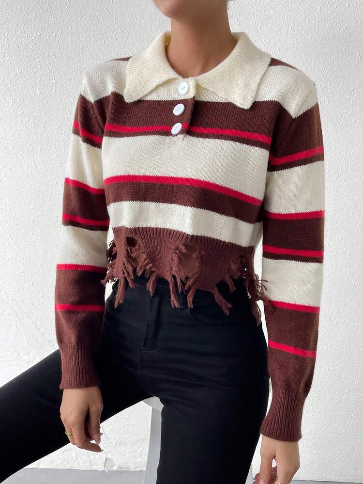Striped Pattern Polo Neck Distressed Hem Knit Pullover Fall Winter Sweater