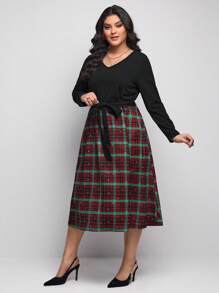 Vulgaris Surplus Plus Tartan Print Belted Dress - Black - View 6