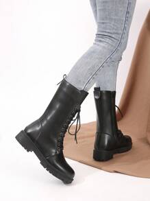 Black color Front Lace-up Combat Boots - Black - View 3