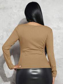 SHEIN SXY Cổ Trái tim Đồ đan Ribbed Áo thun - Lạc đà - Xem 2