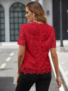 SHEIN Clasi Guipure Lace Mock Neck Blouse - Red - View 6