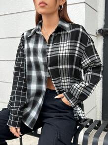 SHEIN EZwear Plaid Print Drop Shoulder Shirt - Black and White - View 4