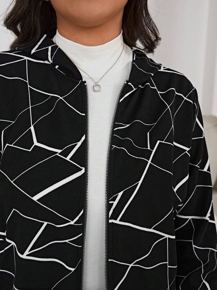 SHEIN Frenchy Plus Geo Print Zip Up Hooded Jacket - Black - View 2