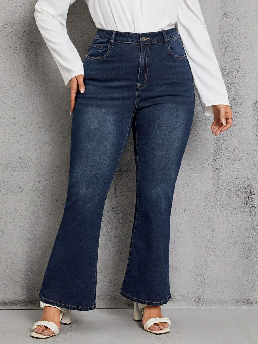 SHEIN Privé Talla grande Jeans de pierna amplia con cremallera - Azul lavado oscuro - Ver 1