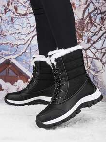 New Winter High-Top Anti-Slip Thick Plush Ladies Boots, Waterproof Outdoor Snow Boots, Fashionable Lace-Up Casual Black Thermal Lined Snow Boots, Warm Snow Boots For Couples, Winter Outdoor Sport Hiking Boots