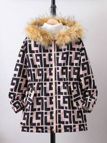 SHEIN Teenager Mädchen Mantel mit All Over Print flaumig Besatz Kapuze, Thermal Futter, ohne Pullover