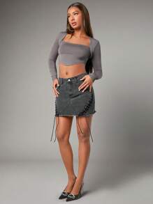 SHEIN BAE Grey-Black Washed Denim Mini Skirt With Tie And Western Style, Low Waist