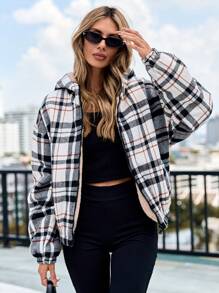 SHEIN Cottnline Plaid Print Drop Shoulder Fleece Lined Hooded Jacket - Black and White - View 1