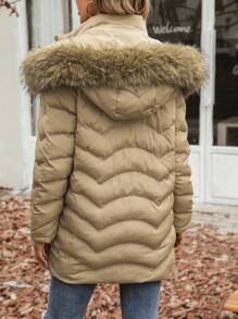 SHEIN Unity 毛绒装饰连帽拉链加厚棉服外套冬季 - 卡其色 - 查看 2