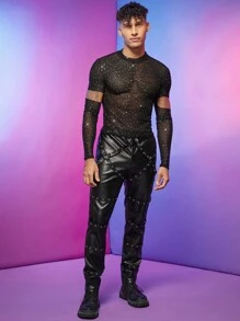 FeverCity Men Cut Out Sleeve Rhinestone Mesh Tee - Black - View 6