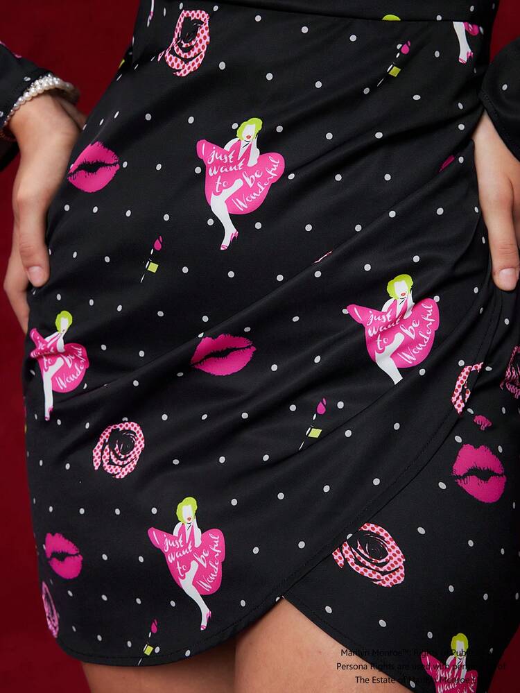 Figure & Polka Dot Print Sweetheart Neck Wrap Hem Bodycon Dress