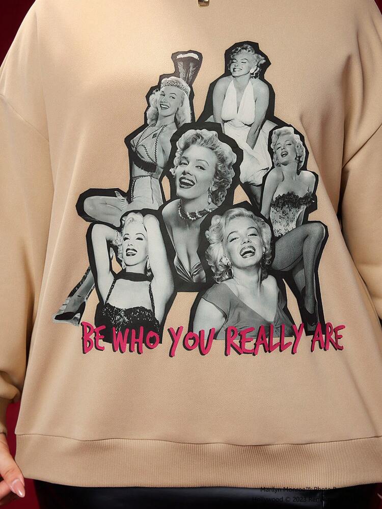 Plus Figure & Slogan Graphic Drop Shoulder Sweatshirt