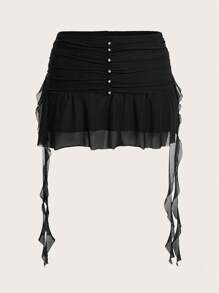 SHEIN ICON 大碼水鑽褶邊荷葉邊網紗半身裙 - 黑色 - 查看 2