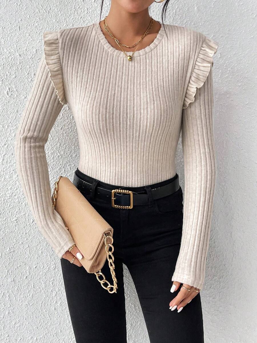SHEIN Frenchy Viền Ruffle Đồ đan Ribbed Áo thun - Màu be - Xem 1