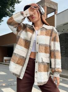 SHEIN EZwear 格紋印花落肩袖絨毛外套 - 卡其色 - 查看 5