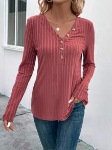EMERY ROSE Button Front Ribbed Knit Tee - Pink - View 3