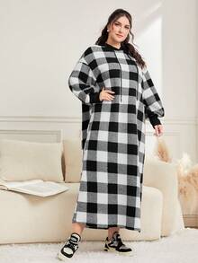 Mulvari Plus Buffalo Plaid Print Drop Shoulder Drawstring Hooded Sweatshirt Dress - Black and White - View 3