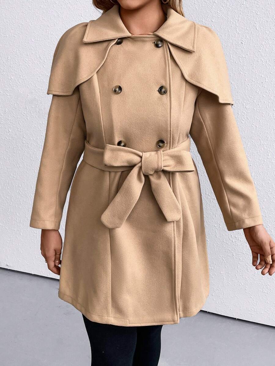 SHEIN LUNE Plus Double Breasted Overcoat Without Belt - Khaki - View 1