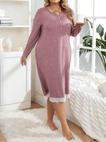 Camiseta De Dormir De Talla Grande Con Botones Y Costillas - Rosa vieja - Ver 5