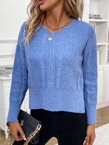 SHEIN Frenchy Drop Shoulder Split Hem Sweater - Blue - View 3