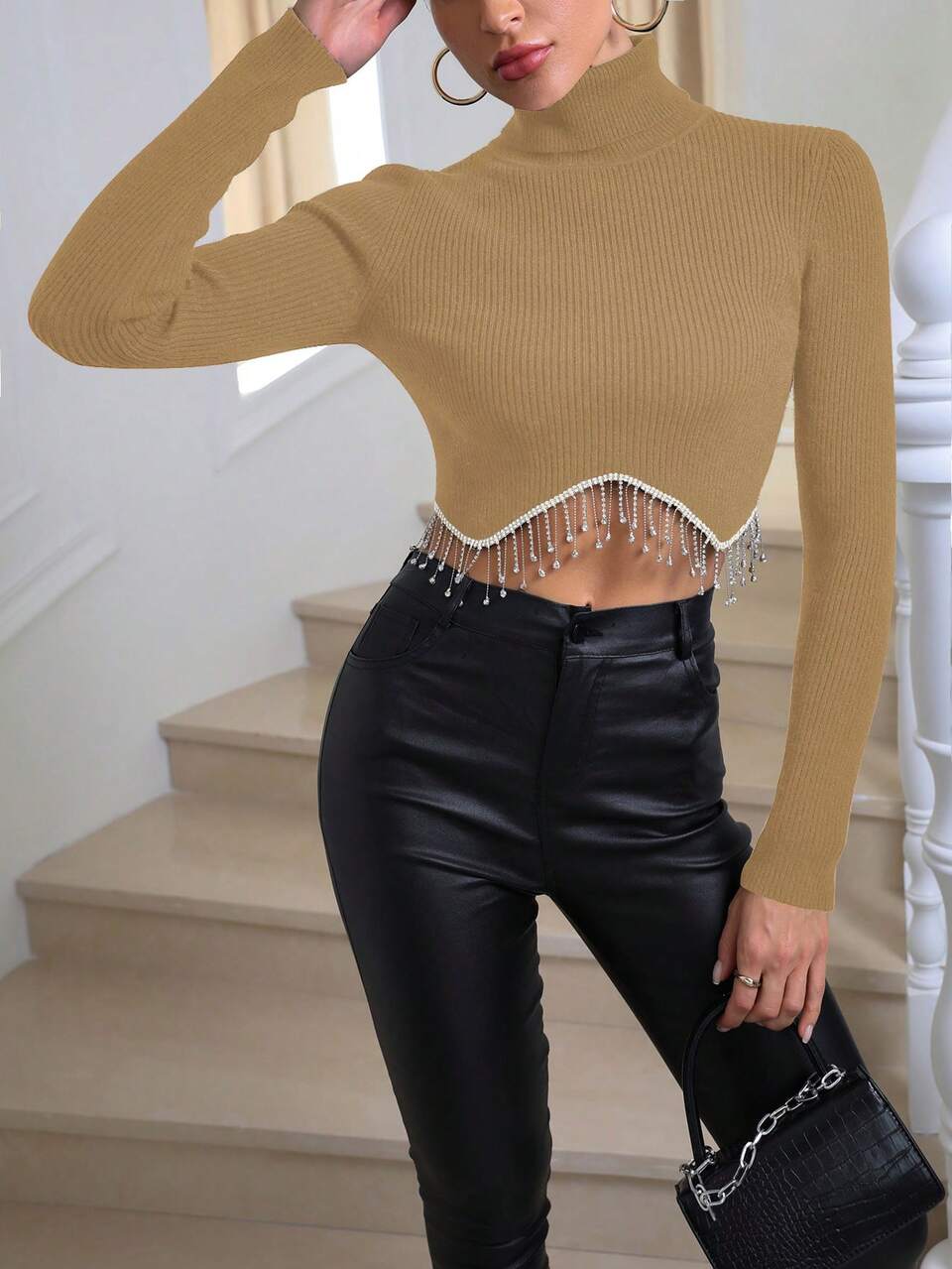 Rhinestone Fringe Hem Turtleneck Crop Knit Pullover Fall Winter Sweater