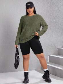 SHEIN EZwear 字母拼接细节罗纹针织 T 恤 - 軍綠色 - 查看 4