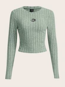 SHEIN Coolane Rhinestone Letter Patched Detail Crop Ribbed Knit Tee - Mint Green - View 1