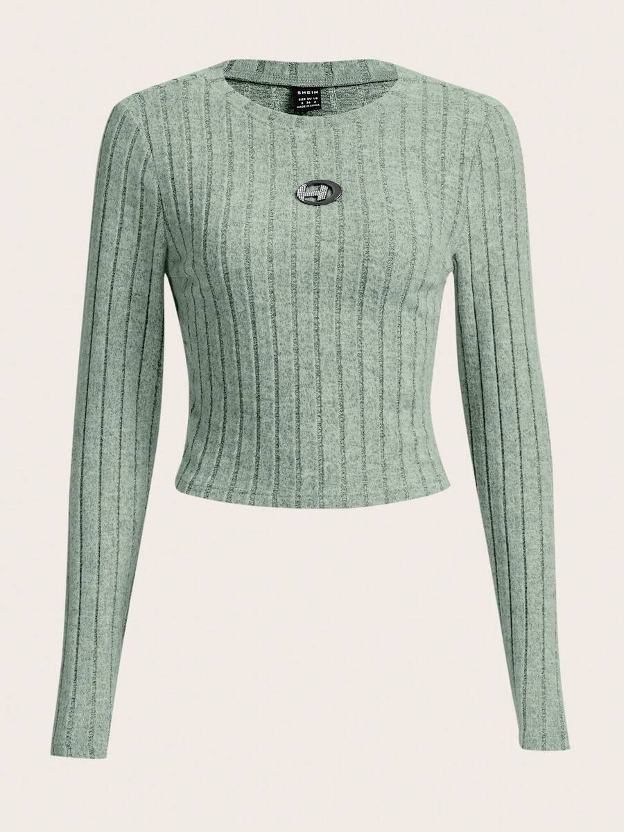 SHEIN Coolane Rhinestone Letter Patched Detail Crop Ribbed Knit Tee - Mint Green - View 1