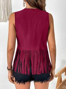 SHEIN VCAY 鏤空流蘇下擺開門襟夾克背心 - 酒紅色 - 查看 2