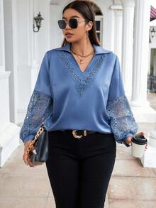 Celure 大碼蕾絲拼接燈籠袖襯衫 - 霧霾藍 - 查看 4