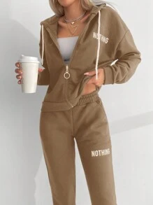 EURMUSE Letter Graphic Drop Shoulder Drawstring Hoodie & Sweatpants