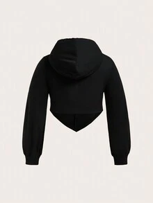 SHEIN EZwear Plus Size Cut Out Front Drawstring Sweatshirt - Black - View 2