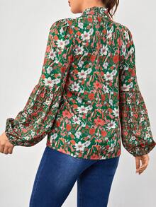 SHEIN VCAY 滿版印花打褶小高領燈籠袖襯衫 - 彩色 - 查看 2