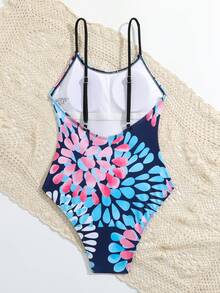 Tween Girl Floral Print One Piece Swimsuit - Blue - View 2