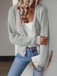 SHEIN Essnce 素色前紐扣毛茸茸開襟衫 - 灰色 - 查看 5