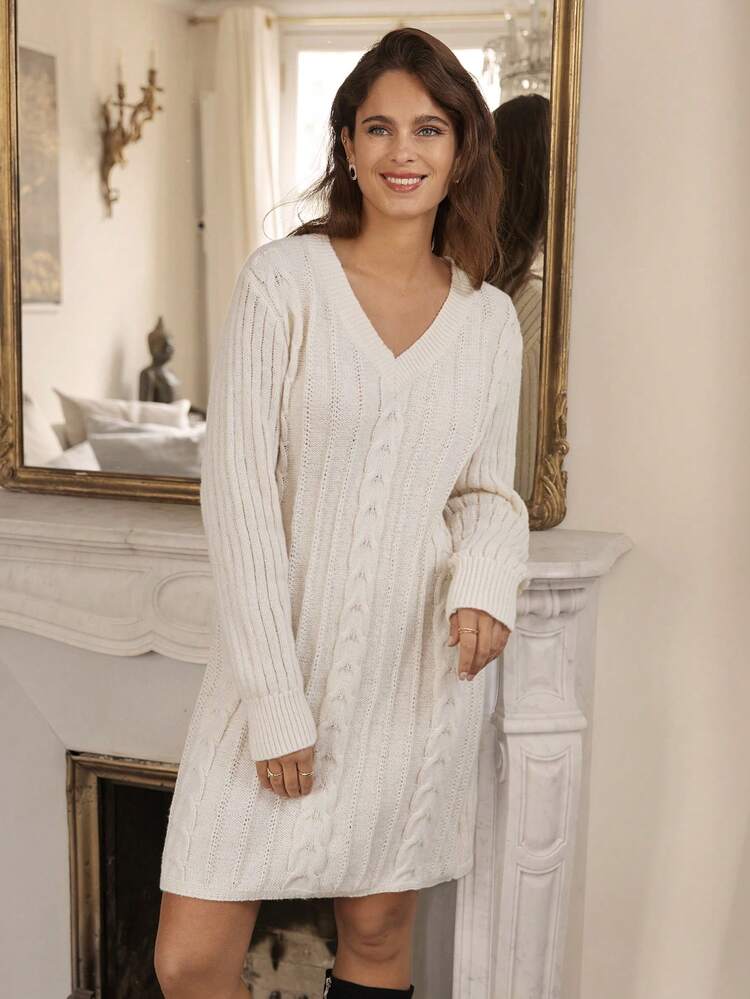 Solid-Color V-Neck Cable Knit Sweater Dress